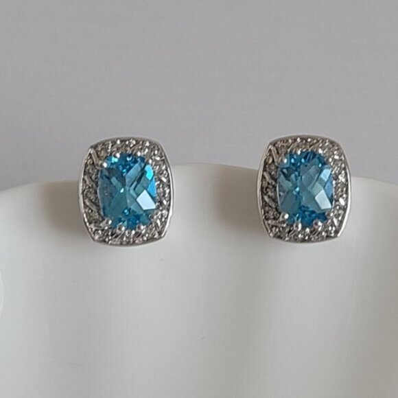 Vintage 14K White Gold Diamond Blue Topaz Square Cushion Cut Halo Stud Earrings - Picture 3 of 12